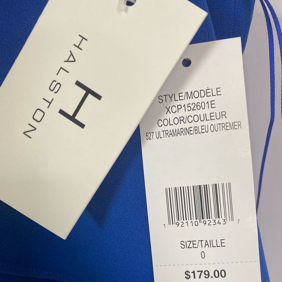 NWT HALSTON Royal Blue Beaded Collared Cold Shoulder Sleeve Draped Mini Dress - Picture 7 of 13